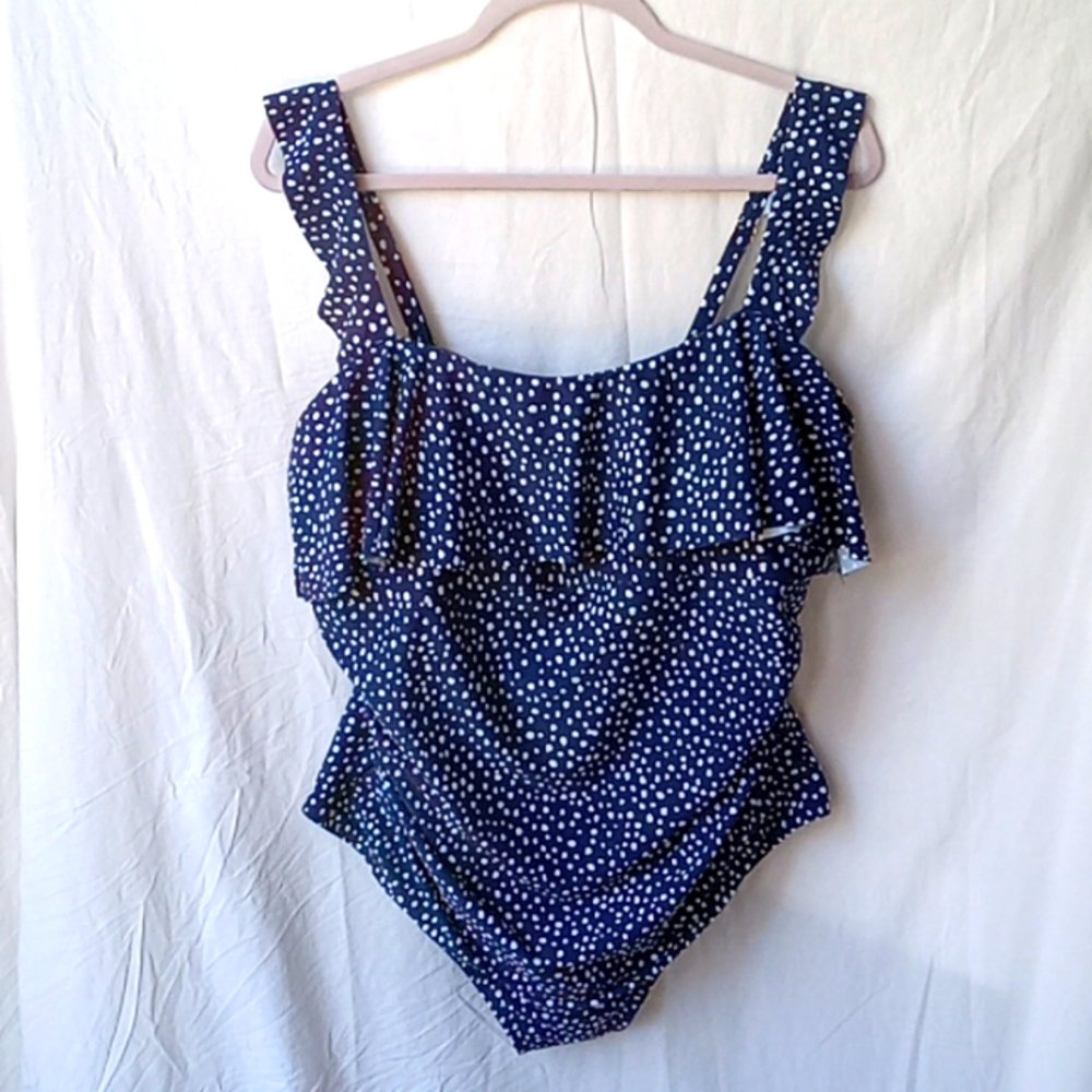 Kona Sol Polka dot One Piece Swimsuit Navy White Blue Size 18